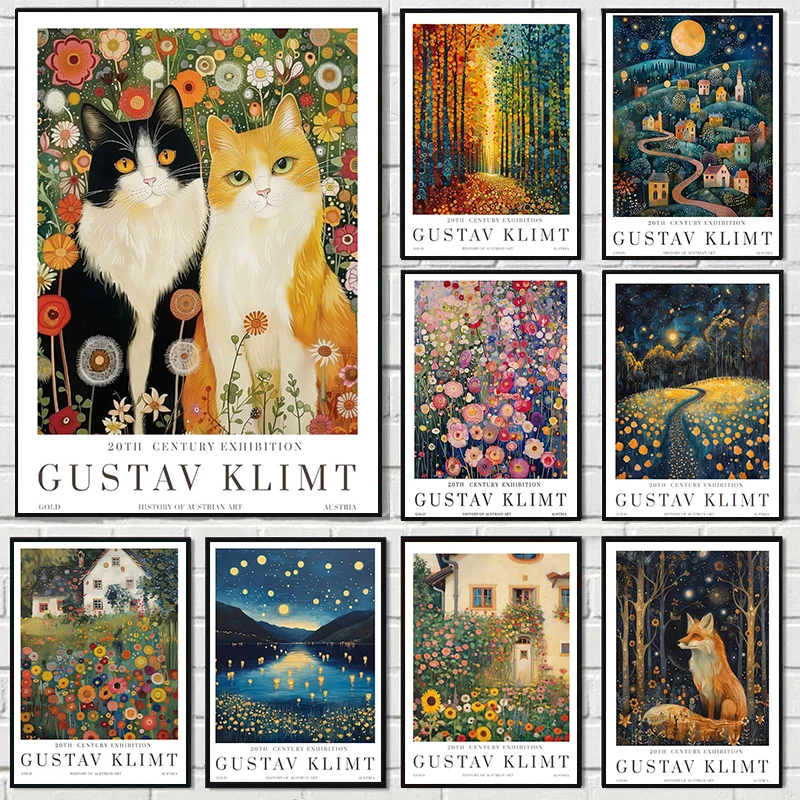 Gustav Klimt Garden Cat and Fox Canvas Print Moon and Village Klimt Museum Wall Art Poster Modern Living Room Home Decor Gifts