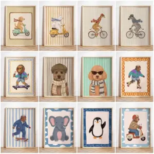 Retro Kids Room Decor Poster Skateboarding Bear Nursery Print Canvas Painting Wall Art Picture for Bathroom Home Decoration