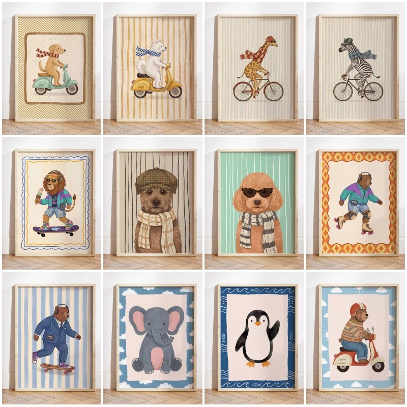 Retro Kids Room Decor Poster Skateboarding Bear Nursery Print Canvas Painting Wall Art Picture for Bathroom Home Decoration