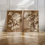 2pcs Frameless Retro Beige and Gold Floral Wall Art Prints,Antique Textured Canvas Posters,Plant Paintings Living Room Decor