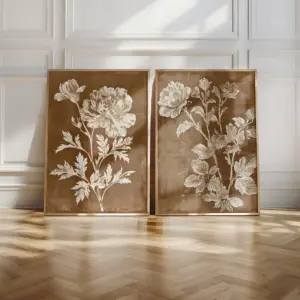 2pcs Frameless Retro Beige and Gold Floral Wall Art Prints,Antique Textured Canvas Posters,Plant Paintings Living Room Decor