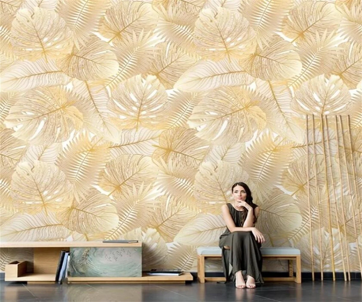 Customized size mural metal lines leaf decoration painting European gold leaf simple seamless connection leaf 3d wallpaper - Image 5