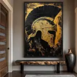 2D Flat, 1pc Spartan Helmet Poster - Black and Golden Ancient Greek Battlefield Wall Art - Frameless print with - for Living Roo