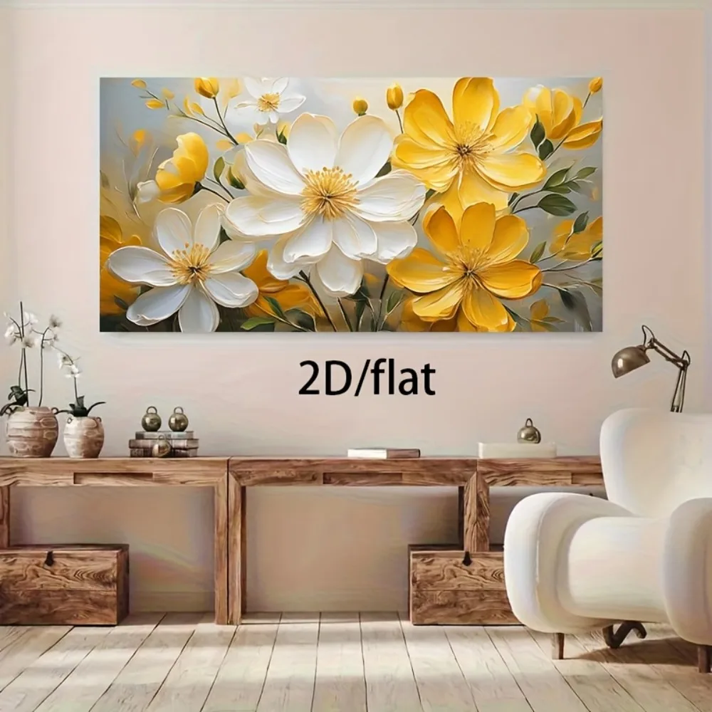 Flat 2D White and Yellow Flower Abstract Canvas Prints Poster Modern Floral Large Horizontal Art Prints Wall Art Home Decor - Image 4