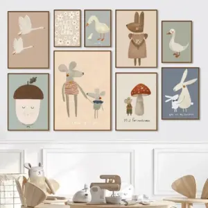 Bohemian Cartoon Animal Canvas Print Minimalist Mouse Goose Poodle Educational Quotation Wall Art Poster for Nursery Decor Gifts