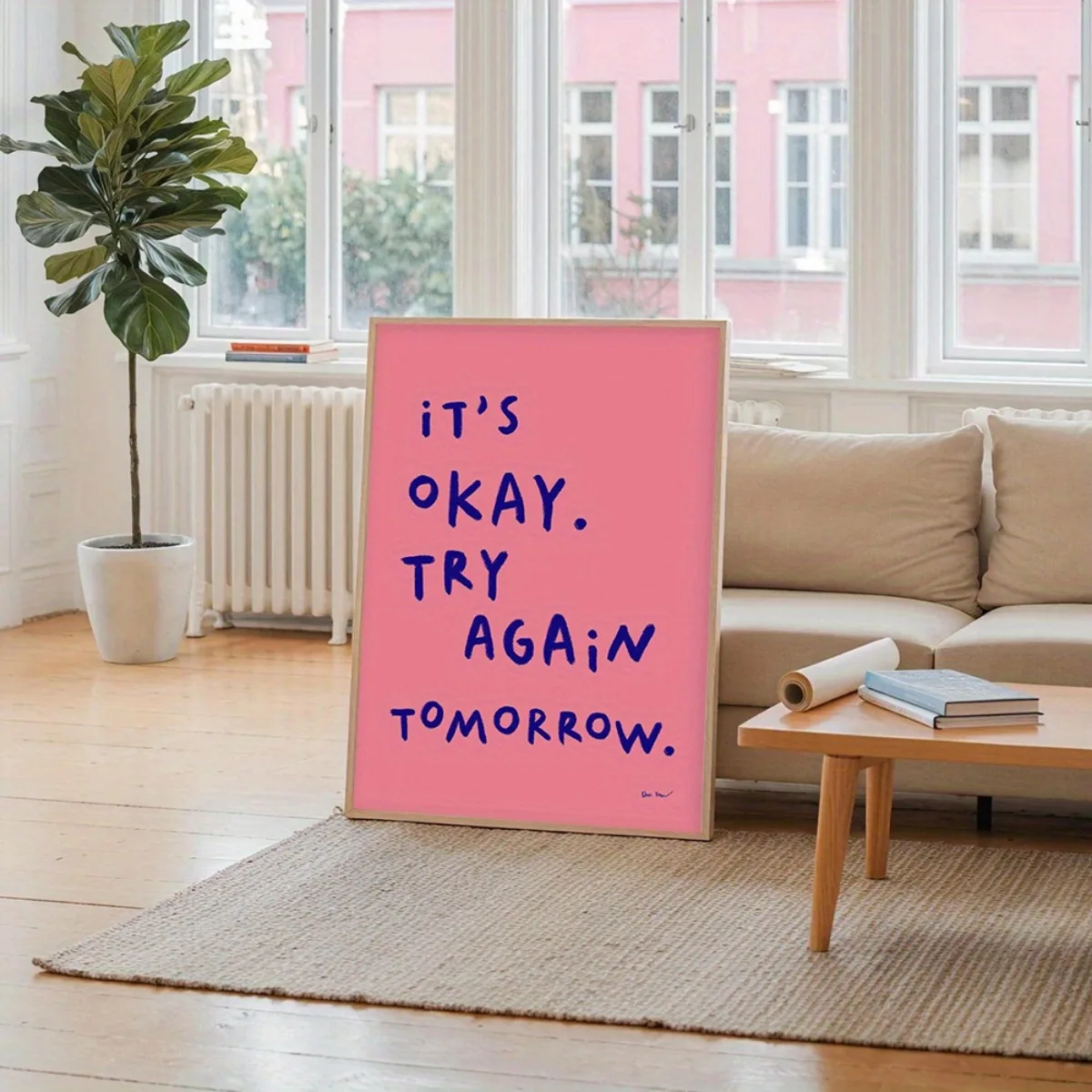 Inspired "It's Okay To Try Again Tomorrow" Pink Blue Quote Canvas Print Poster Modern Minimalist Art Prints Bedroom Home Decor - Image 2