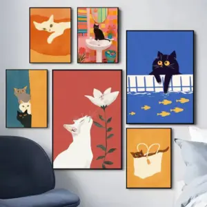 1pc Colorful Cute Cat in the Room Canvas Poster Waterproof Cafe Bar Fashion Room Decoration Wall Art posters unframe