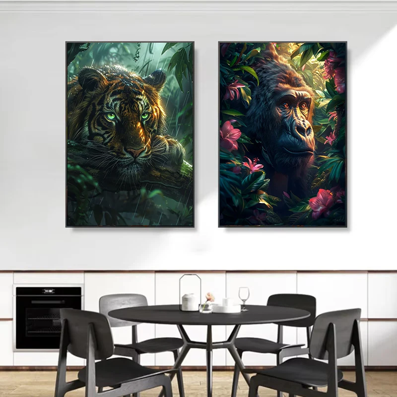 Tropical Animals Fantasy Poster Tiger Leopard Parrot in Jungle Canvas Painting Wall Prints Picture for Living Room Home Decor - Image 3