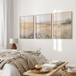 Coastal Wildflowers Set of 3 Prints Neutral Ocean Landscape Painting Vintage Floral Seascape Wall Art Flowers Print Gift Poster