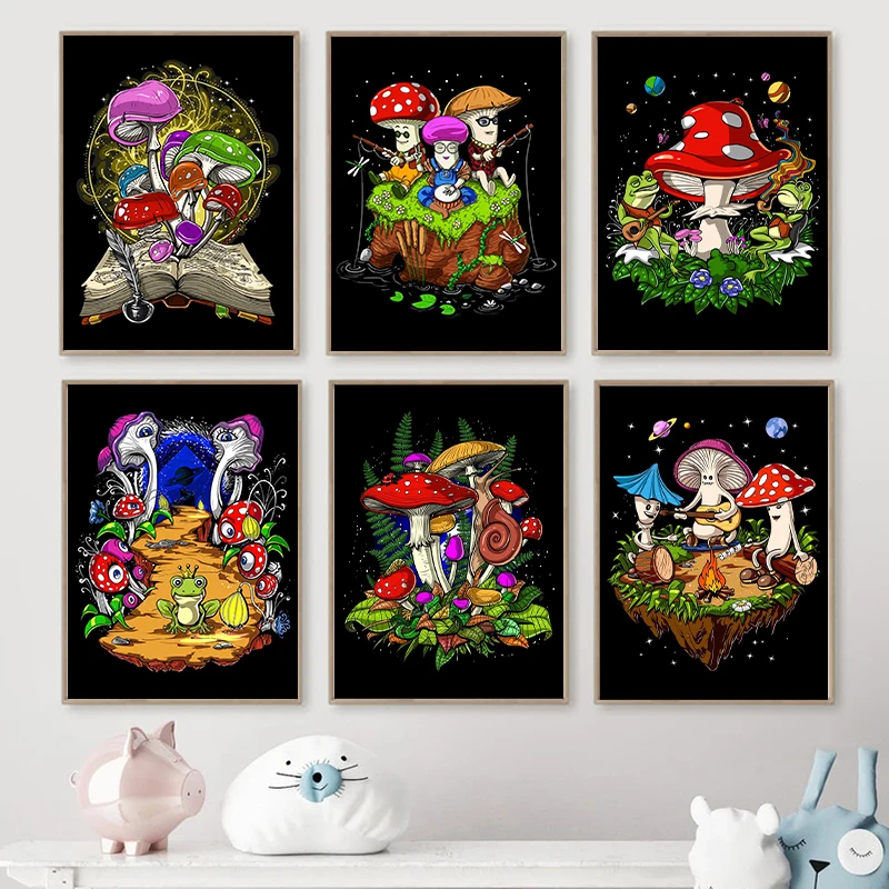 Psychedelic Trippy Magic Mushrooms Poster Canvas Painting Cartoon Science Alien Stoners Wall Art for Living Room Home Decoration - Image 3