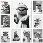 Funny Otter & Raccoon Bathroom Canvas Poster Cat Drinking Animals Black & White Wall Art Mural for Modern Living Room