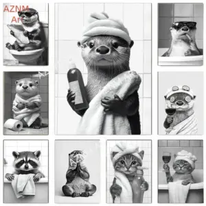 Funny Otter & Raccoon Bathroom Canvas Poster Cat Drinking Animals Black & White Wall Art Mural for Modern Living Room