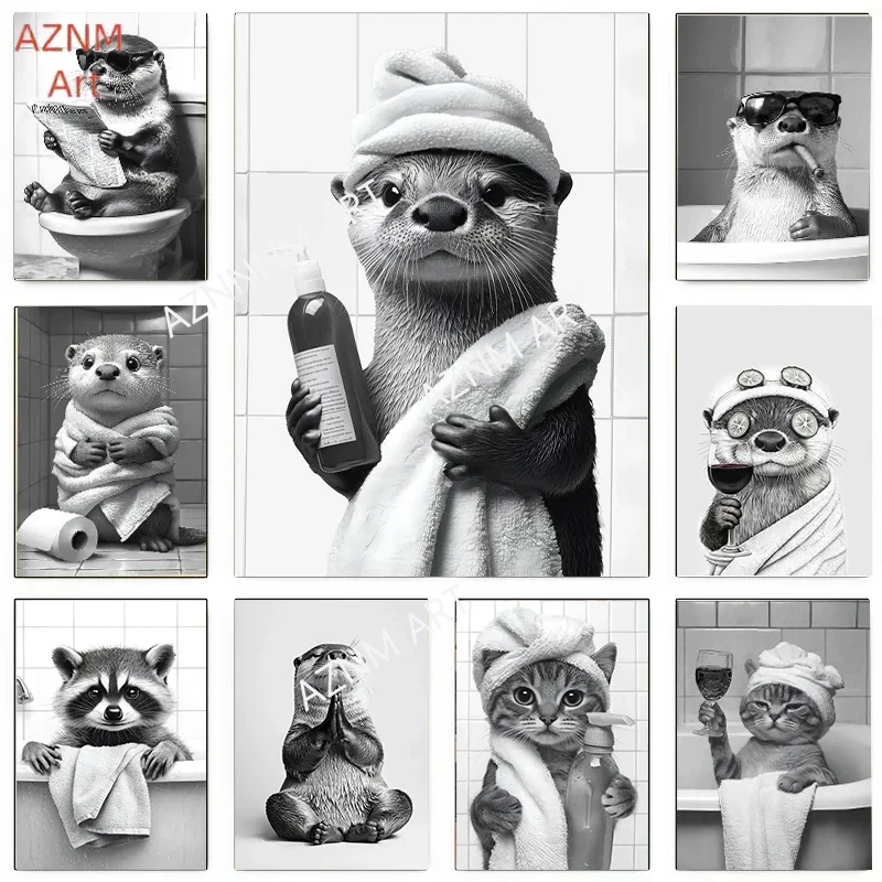 Funny Otter & Raccoon Bathroom Canvas Poster Cat Drinking Animals Black & White Wall Art Mural for Modern Living Room