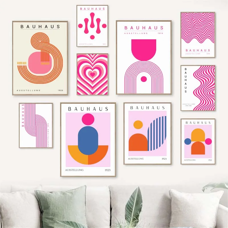 Pink Bauhaus Geometric Canvas Paintings Poster Bauhaus Wall Art Mid Century Modern Art for Living Room Home Office Decor - Image 4