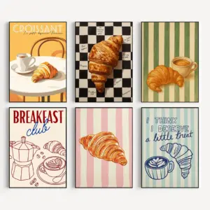 Retro Style Croissant & Coffee French Breakfast Kitchen Food Poster Canvas Painting Wall Art Pictures Home Restaurant Café Decor