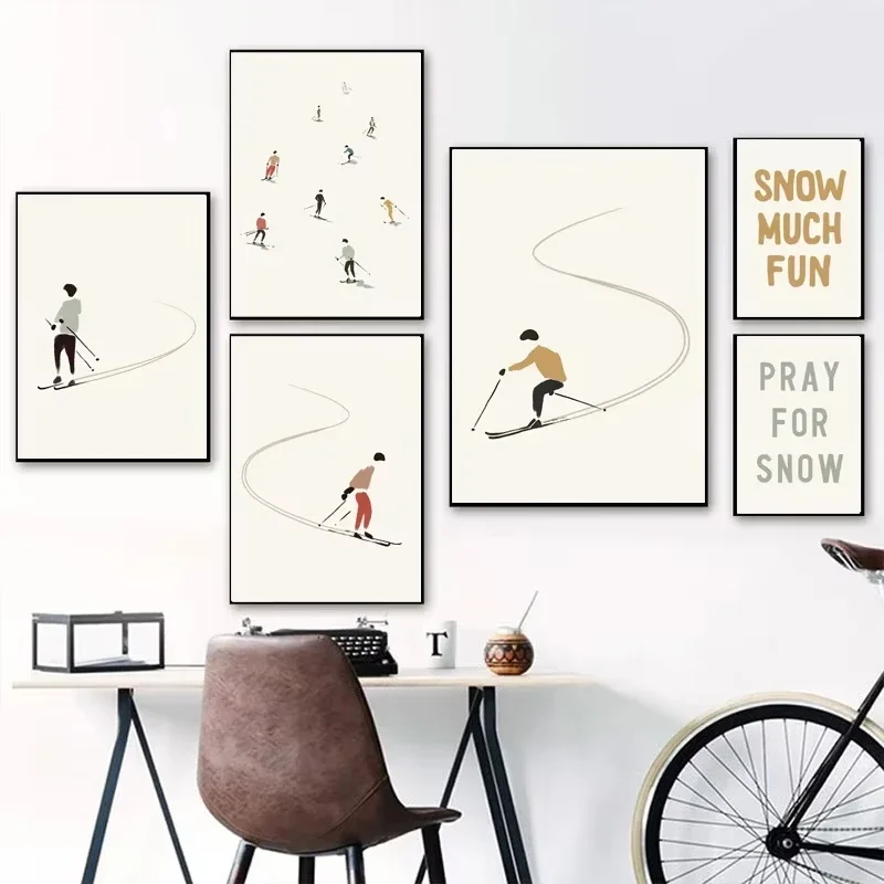 Winter skiing sports cable car aesthetic poster Nordic minimalist winter snow scenery figure canvas painting art home room decor - Image 3