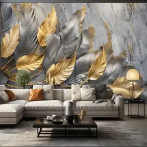 Luxury 3D Gold Leaf Feather Wallpaper - Vintage Retro Large-Scale Living Room bedroom sofa TV Background Home Decor Fresco