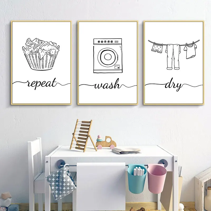 Black White Dry Wash Repeat Words Canvas Poster Prints Modern Wall Decorative Painting for Laundry Simple Bathroom Decor Picture - Image 2