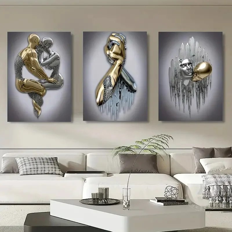 3pcs Canvas Poster Metal Figure Statue Art Canvas Painting Decor Romantic Abstract Poster Modern Art Living Room Bedroom Decor - Image 4