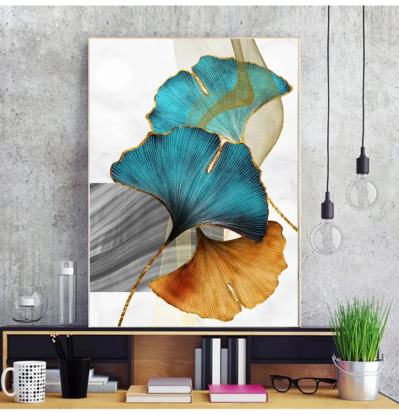 Modern Picture Living Room Decoration Blue Green Yellow Gold Plant Leaf Abstract Nordic Canvas Print Wall Art Painting - Image 4