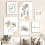 Wall Art Canvas Painting Line Girl Face Flowers Modern Minimalist Nordic Posters and Prints Wall Pictures for Living Room Decor