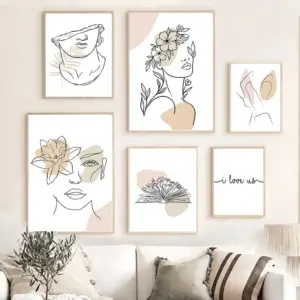 Wall Art Canvas Painting Line Girl Face Flowers Modern Minimalist Nordic Posters and Prints Wall Pictures for Living Room Decor