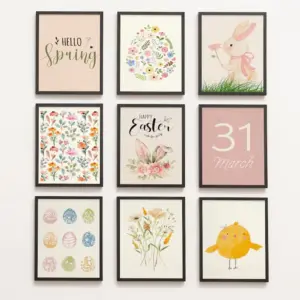Minimalist Easter Spring Bunny and Flower Holiday Eggs Cartoon Nordic Poster Canvas Painting Wall Art Pictures Home Decor Gift