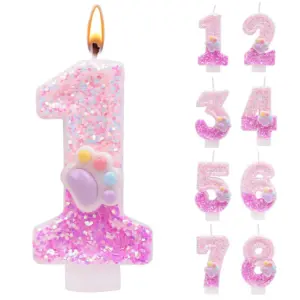 Sparkles Pink Paw Birthday Candles Number Cake Topper Kids Boy Girl Happy Birthday Party Cake Decoration Dog Cat Favors Gift