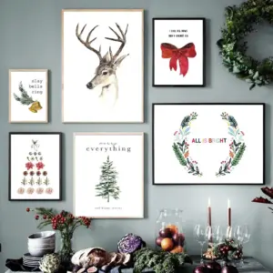 Christmas Santa Deer Snow Winter Posters And Prints Canvas Painting Nordic Wall Art Pictures For Living Room Home Decor