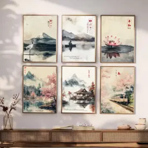 Japanese Vintage Landscape Posters Crane Lake Fishing Prints Canvas Painting Wall Art Picture for Living  Room Home Decor
