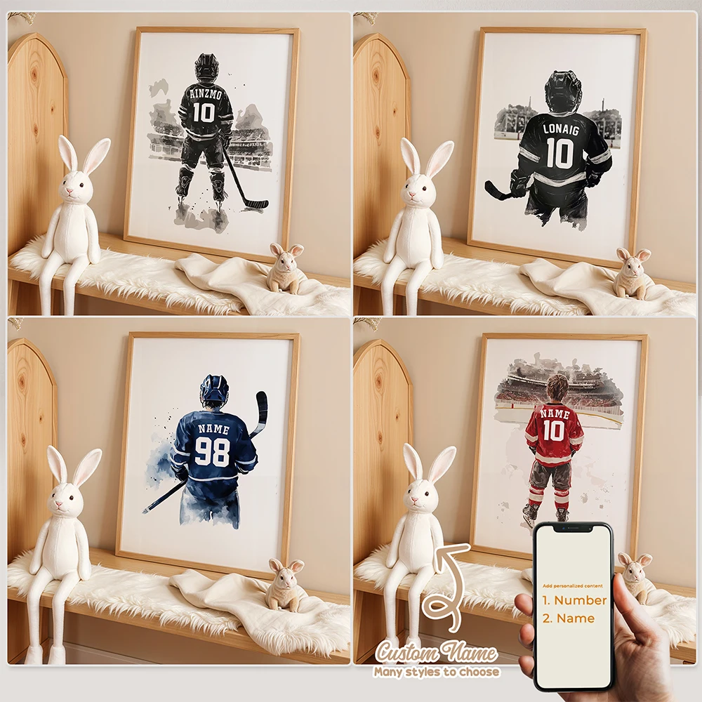 Personalized Custom Name Cartoon Child hockey Wall Art Print Picture Canvas Poster Painting For Living Room Home Decor Gift