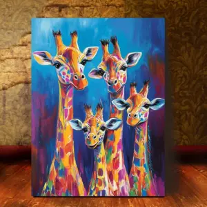 2D One Piece of noFramed Canvas Wall Art Featuring a Colorful Giraffe Family,, Perfect for Decorating Bedrooms