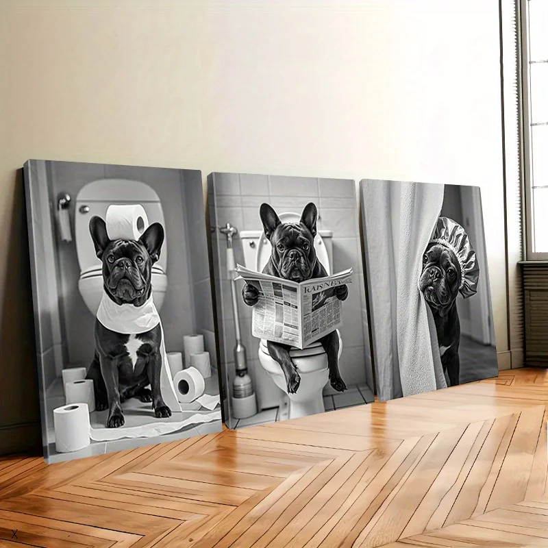 3 Piece Black and White French Bulldog Bathroom Wall Art - Humorous Dog Reading Newspaper Canvas Prints, Great for Home Decor - Image 2