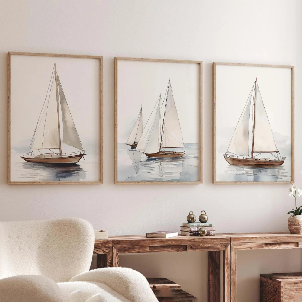 Watercolor Sailboat Print Set Coastal Nautical Wall Art Canvas Poster Prints Home Bedroom Living Room Decoration Room Gift