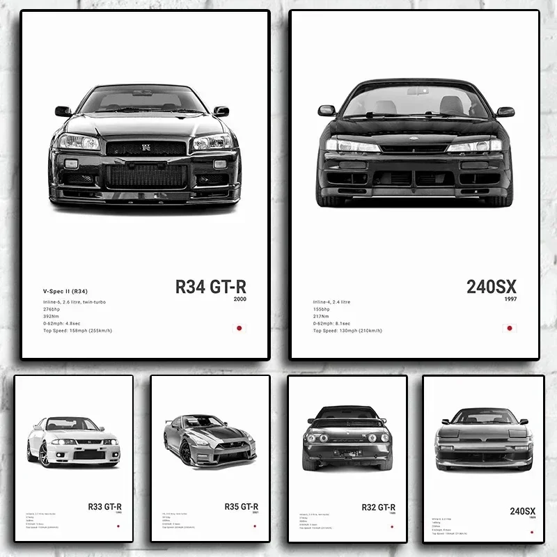 Popular Black and White Japanese Luxury Supercar Poster Aesthetics R34 Gtr 240sx Canvas Painting Print Garage Decoratio Wall Art - Image 2