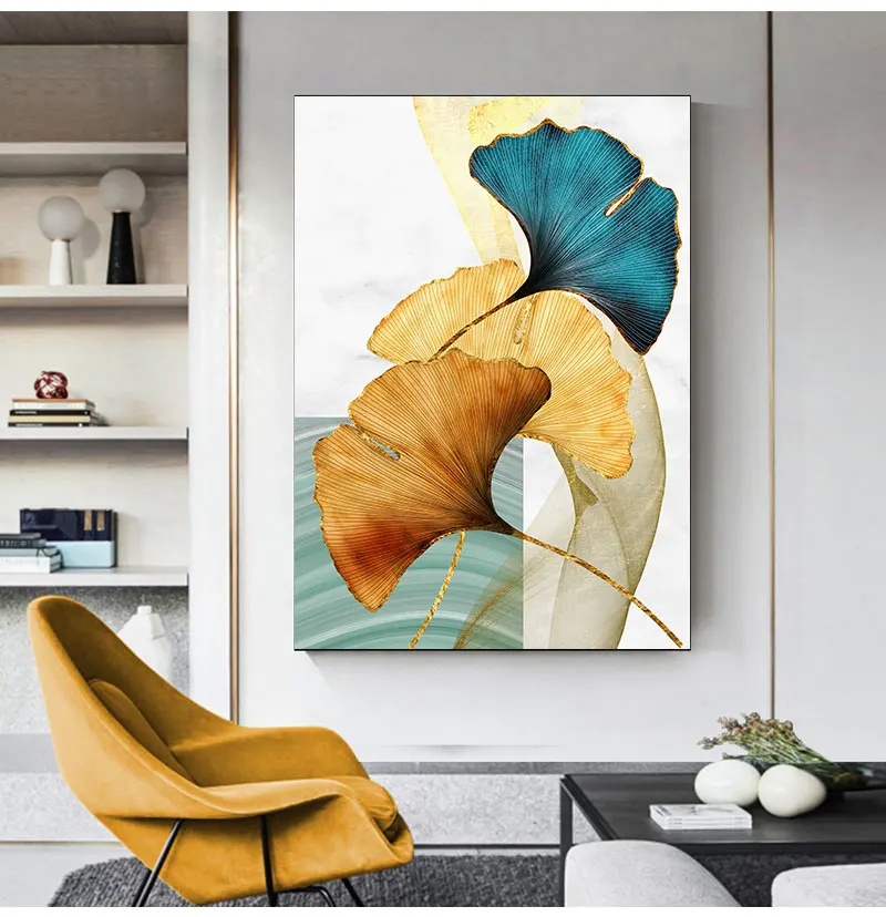 Modern Picture Living Room Decoration Blue Green Yellow Gold Plant Leaf Abstract Nordic Canvas Print Wall Art Painting - Image 2