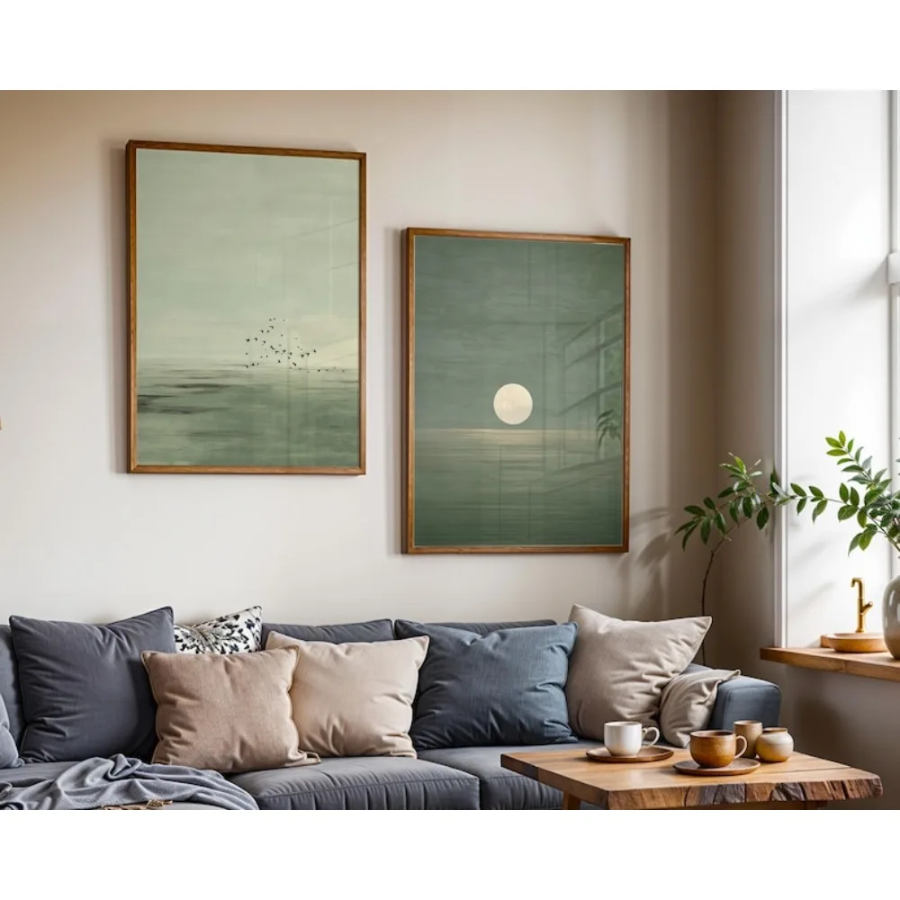 2pcs Frameless Wall Art, Simple Sage Green Sunset Print, Scandinavian Zen Decoration, Abstract Landscape Art, Bohemian Wall Art - Image 3