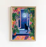 Moonlit Window Daydream Cat Wall Art Poster Tropical Bathroom Decor Colorful Floral Night Illustration Poster