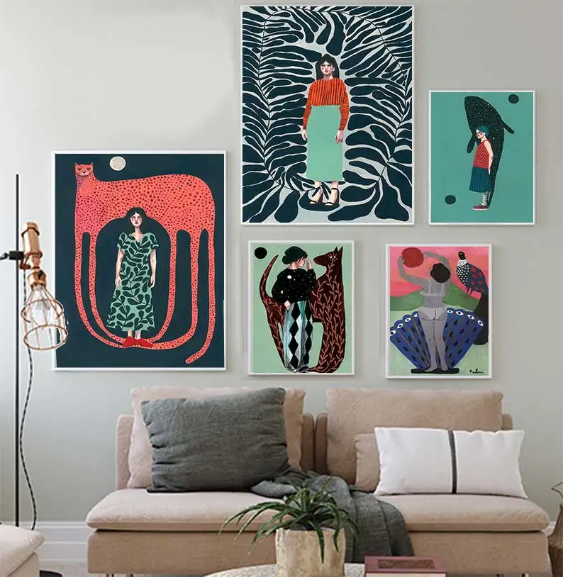 Nordic Canvas Painting for Home Decor, Woman Illustration Posters, Fish and Animals Prints, Jagua Wall Art, Living Room Image
