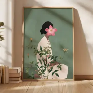A Frameless Green Flower Head Woman Wall Art,Abstract Characters,Floral Plant Poster Canvas Painting,for Living Room Wall Decor