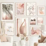 Modern Pink Gold Marble Flower Beach Girl Wall Canvas Painting Art Nordic Posters and Printmaking Living Room Home Wall Painting