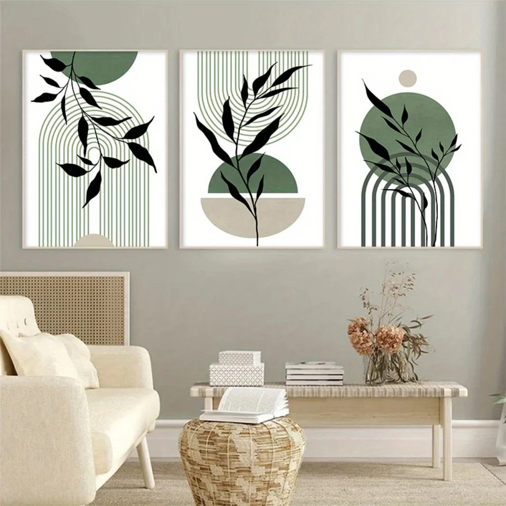 Green Black Beige Abstract Mid-Century Poster Modern Botanical Living Room Bedroom Wall Decoration 3pcs Sage Boho Art - Image 3