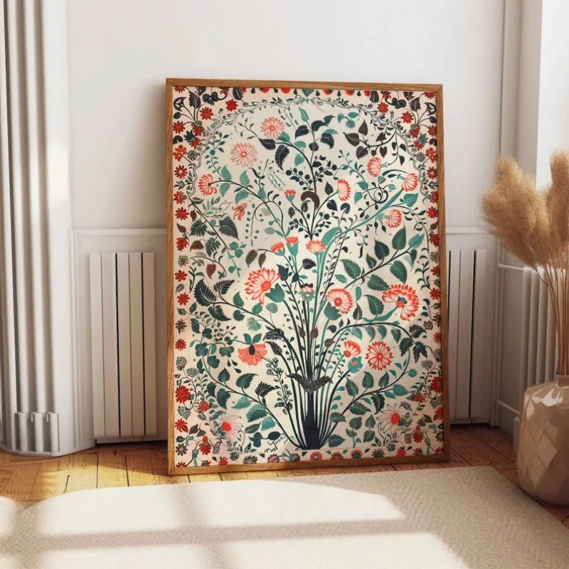 Indian Colourful Floral Bamboo Poster Traditional Botanical and Bird Illustration Canvas Painting Wall Art for Room Home Decor - Image 3