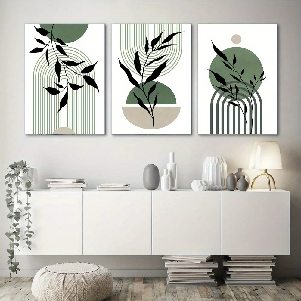 Green Black Beige Abstract Mid-Century Poster Modern Botanical Living Room Bedroom Wall Decoration 3pcs Sage Boho Art - Image 4