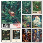 Retro Japanese Railway Landscape Canvas Print Tokyo Rainy Night Street Wall Art Poster for Modern Living Room Bedroom Home Decor
