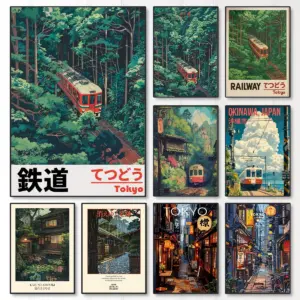 Retro Japanese Railway Landscape Canvas Print Tokyo Rainy Night Street Wall Art Poster for Modern Living Room Bedroom Home Decor