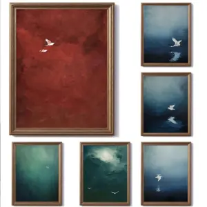 Vintage Flying Birds Canvas Painting Abstract Surrealist Sky and Egret Poster Minimalist Wall Art for Entryway Living Room Decor