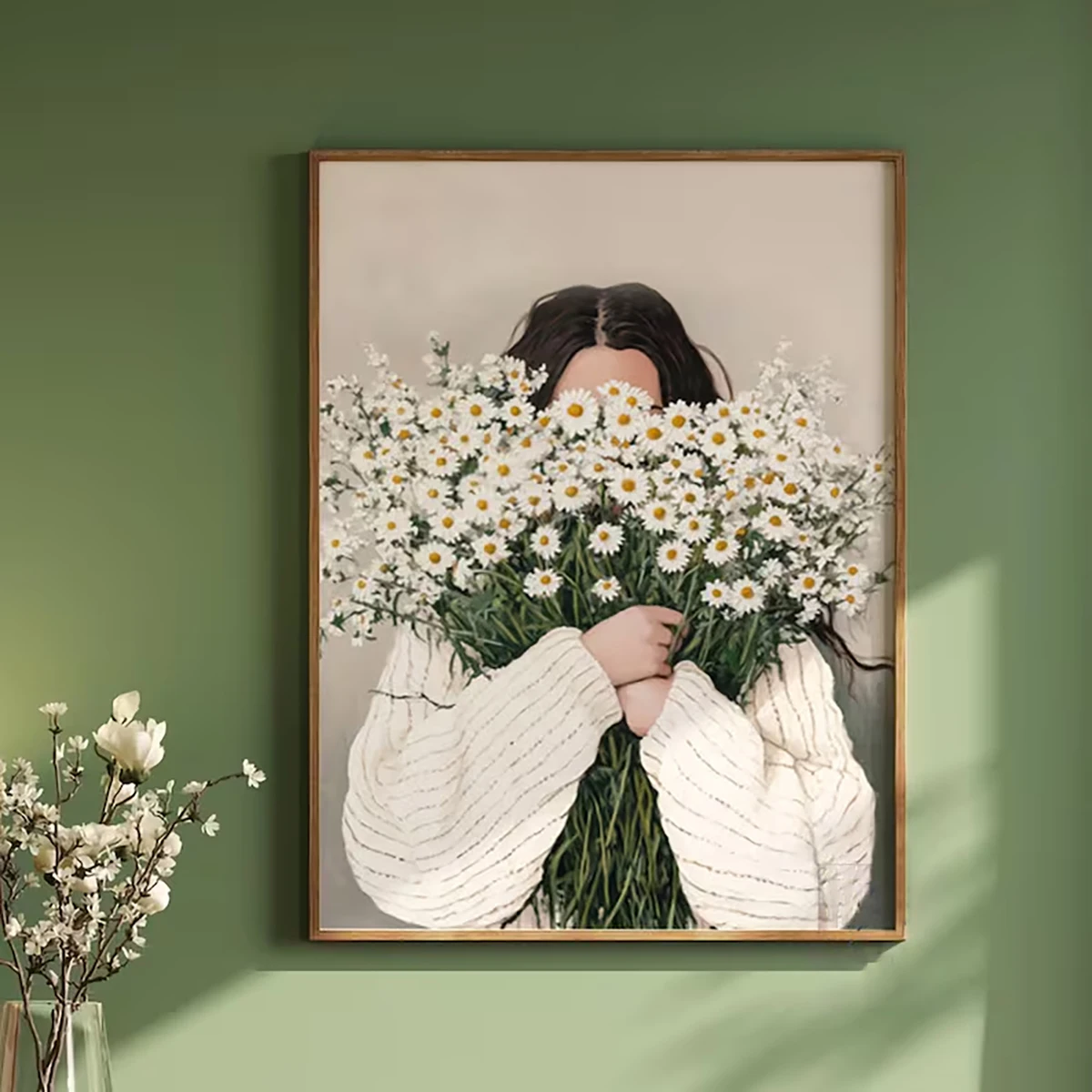 Green Abstract Figures Canvas Print with Flower Woman Minimalist Japandi Female Portrait Art Poster for Modern Living Room Decor - Image 2