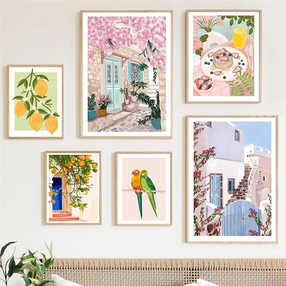 Santorini Lemon Coffee Flowers Summer Illustration Posters & Prints Wall Art Canvas Painting Pictures For Living Room Home Decor - Image 5