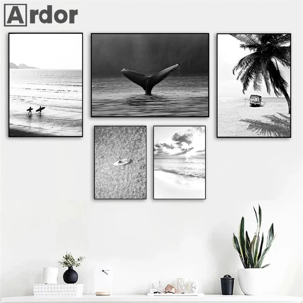 Black White Sea Beach Whale Lighthouse Wall Art Poster And Print Landscape Canvas Nordic Art Painting Modern Pictures Home Decor - Image 3